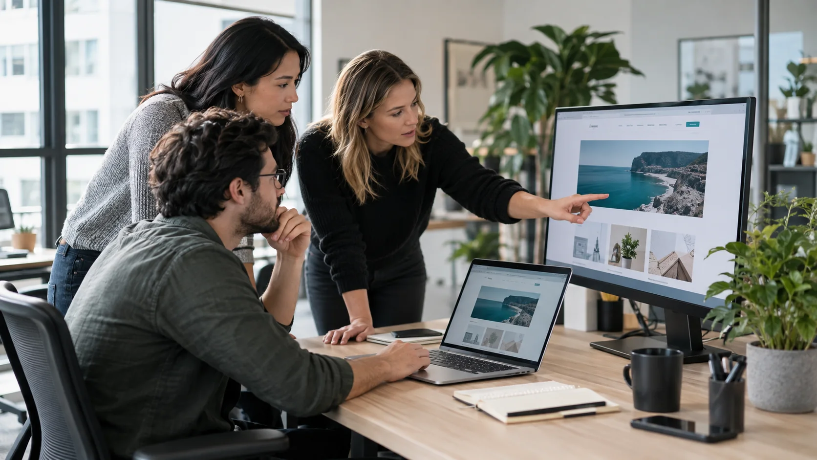 Equipe revisando um site publicado em telas de trabalho